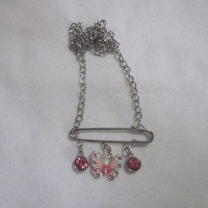 Pink Butterfly Safety Pin Necklace.
